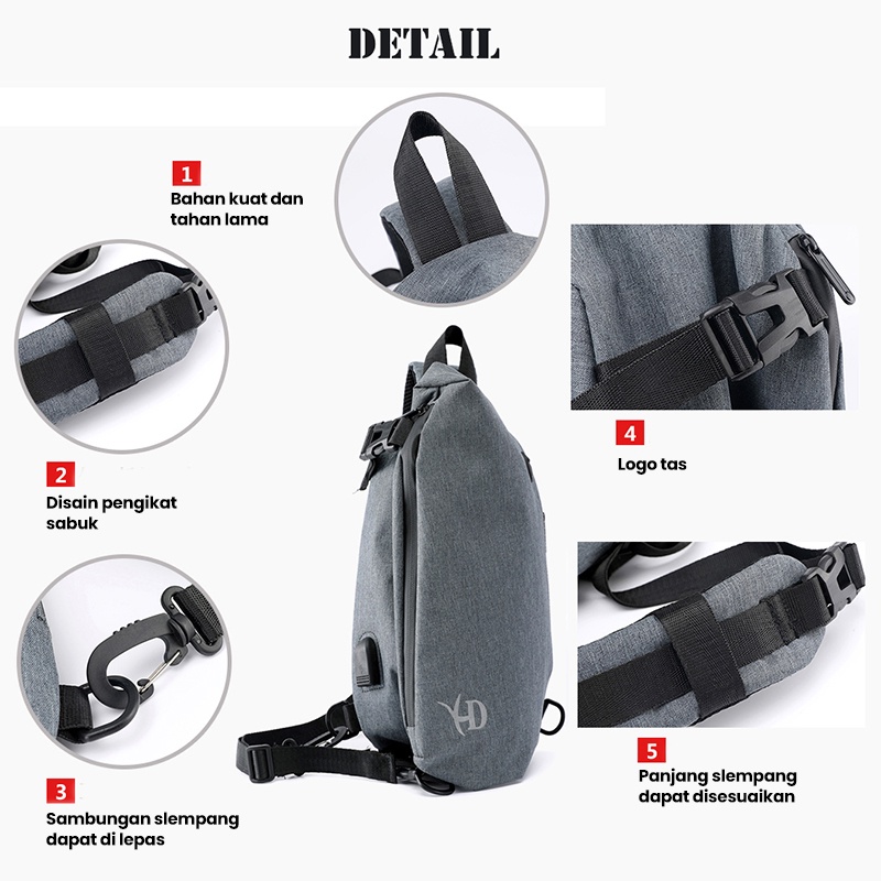 Highland Tas Selempang Pria Casual Slingbag USB Charge Anti Air Tas Bahu Pria Santai Travel Handbag Shoulder Bag Import TS711