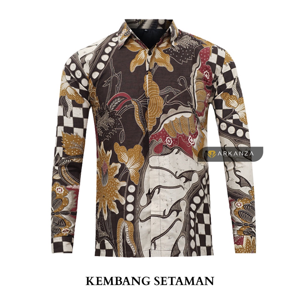 BATIK ARKANZA Motif KEMBANG SETAMAN Hem Atasan Kemeja Baju Batik Pria Cowok Laki Laki Slimfit Full Lapis Furing Lengan Panjang