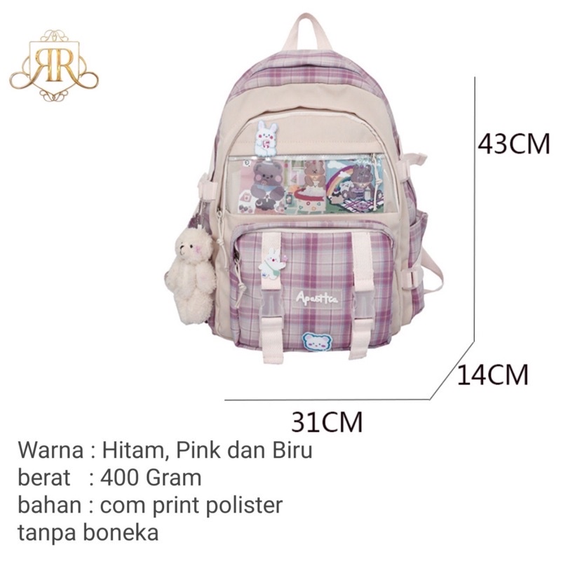 TAS RANSEL PUNGGUNG SEKOLAH ANAK PEREMPUAN WANITA PRINT MOTIF KOTAK POLOS KAPASITAS BESAR MUAT LAPTOP BUKU LKS