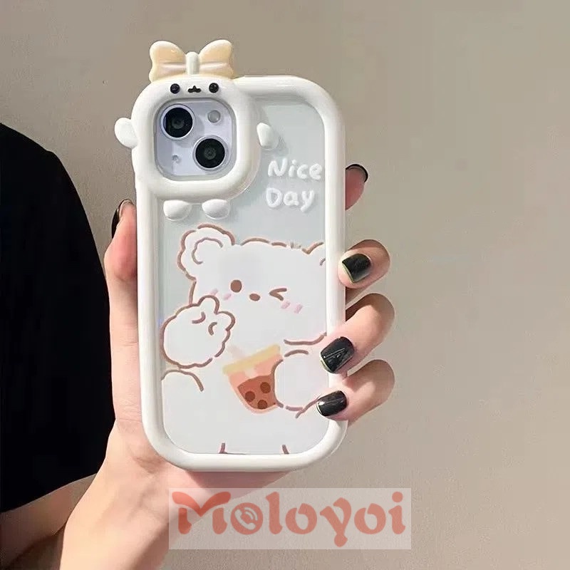 Soft Case TPU Motif Kartun Beruang Putih 3D Untuk iPhone 7 8 14 Plus 6 6S XR 14 11 13 12 Pro Max X XS Max SE 2020 14Pro Max