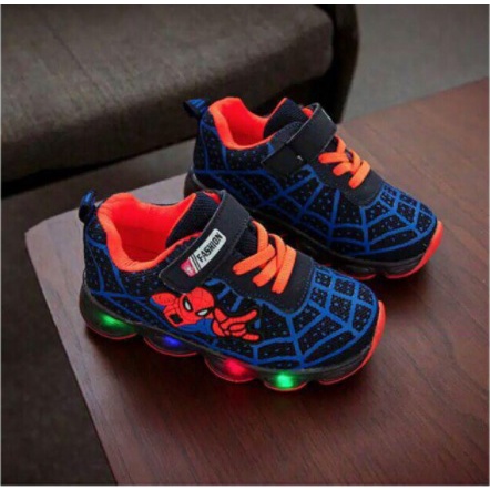 Qeede_Store SEPATU ANAK LAKI-LAKI SNEAKER SPIDER LABA-LABA LAMPU LED SIZE 21-36 USIA 1-9 TAHUN