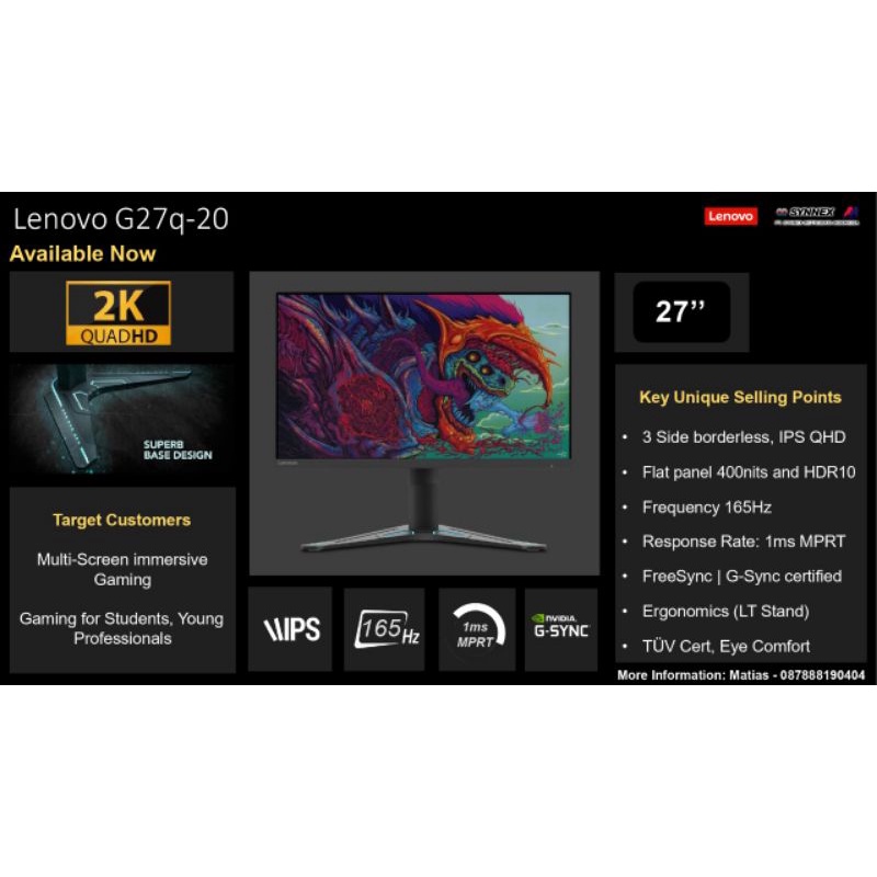 Lenovo G27q-20 27&quot; LED Monitor Gaming QHD 2K HDMI DP 165Hz, 99% sRGB - Garansi Resmi