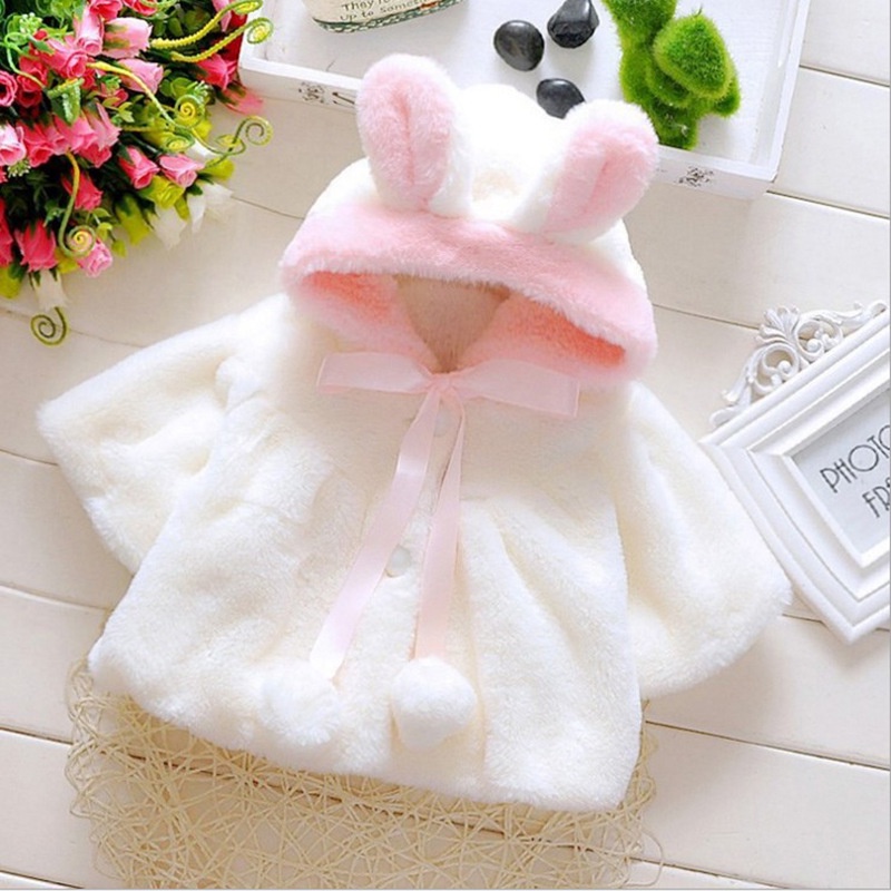 Jaket Anak Perempuan Bulu Hoodie Telinga Kelinci Lengan Pendek Aksen Pita dan Bola Import