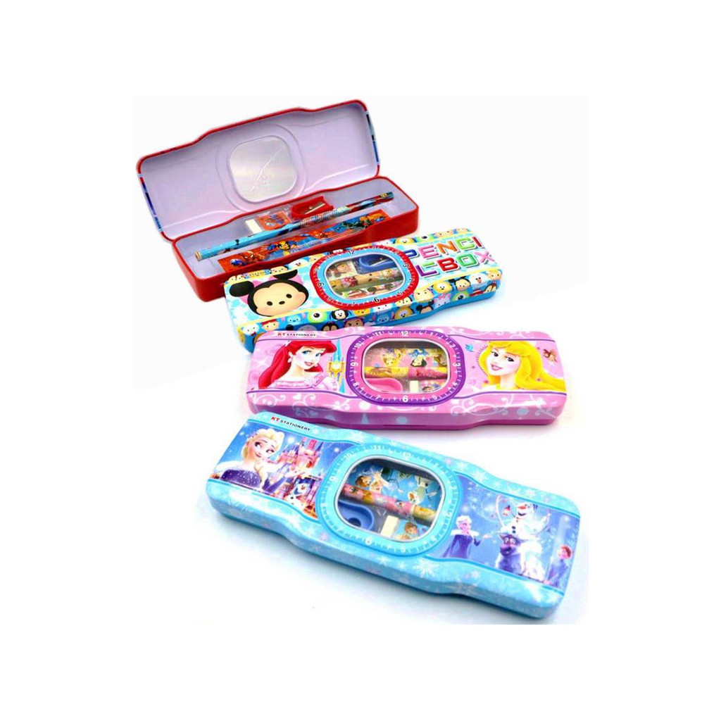 Kotak Pensil (Pencil Case) Besi Karakter Unik Frozen, Princess, Spiderman lengkap Isi Lucu