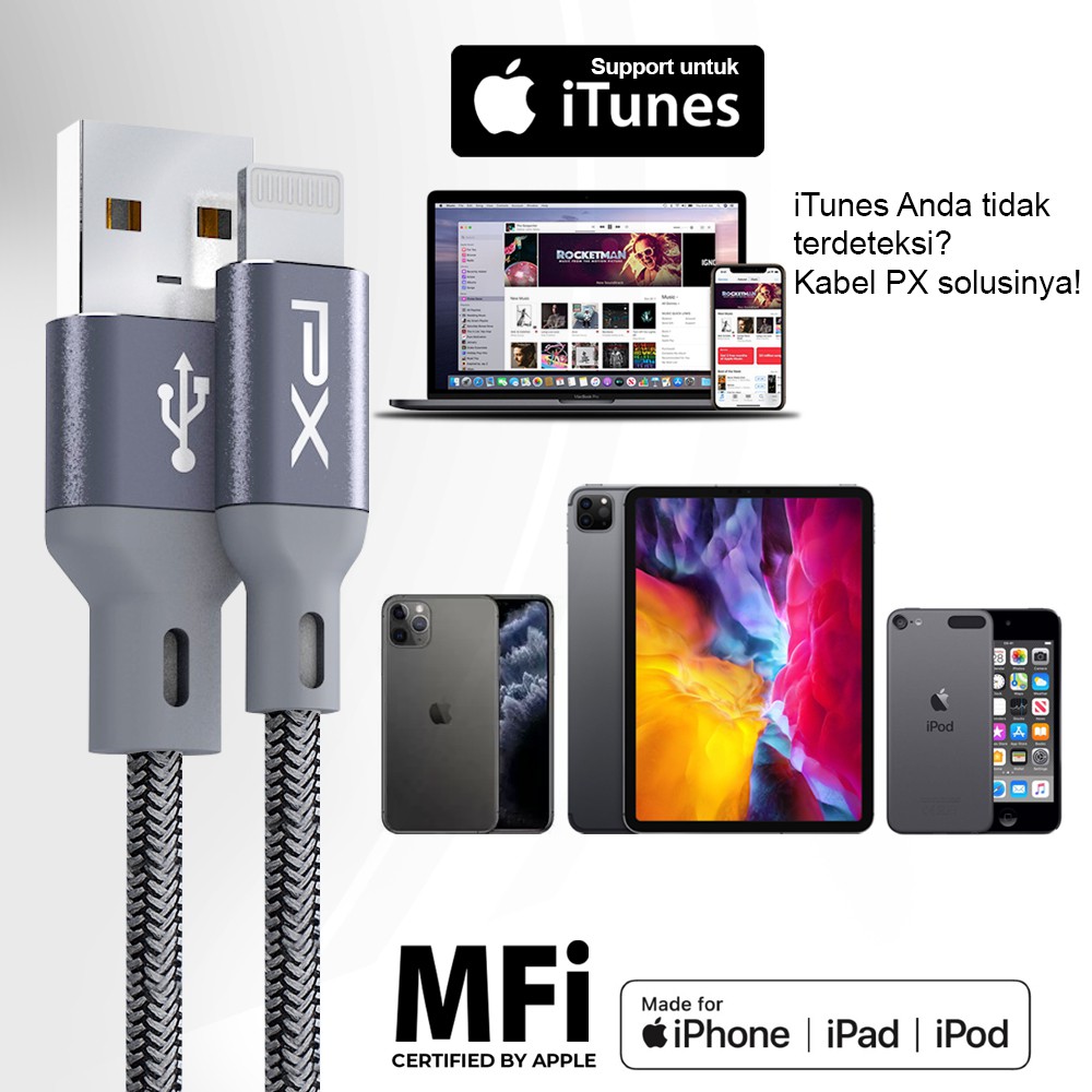 Kabel Charger Lightning to USB A MFi IPhone Ipad 1 Meter PX UAL-1G