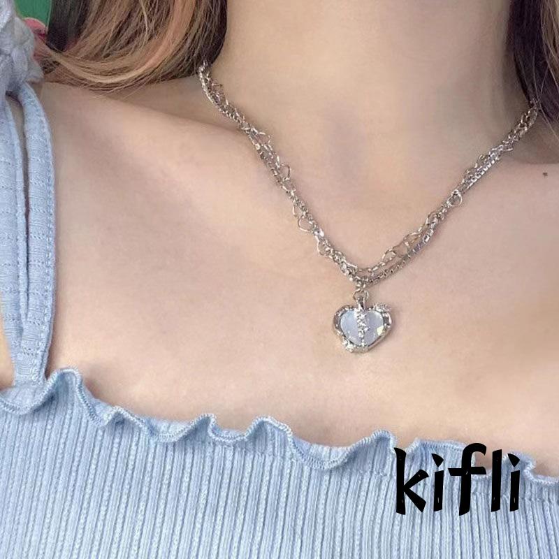 Kalung Rantai,Multilayer Liontin,Hati Aksen Zircon,Untuk Perhiasan Wanita