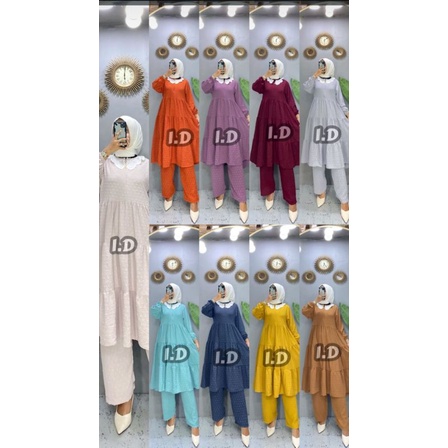 ONE SET LONG TUNIK CRINKLE RUBIAH DOT KERAH RENDA. SETELAN LONG TUNIK KRINKLE RUBIAH DOT KERAH RENDA