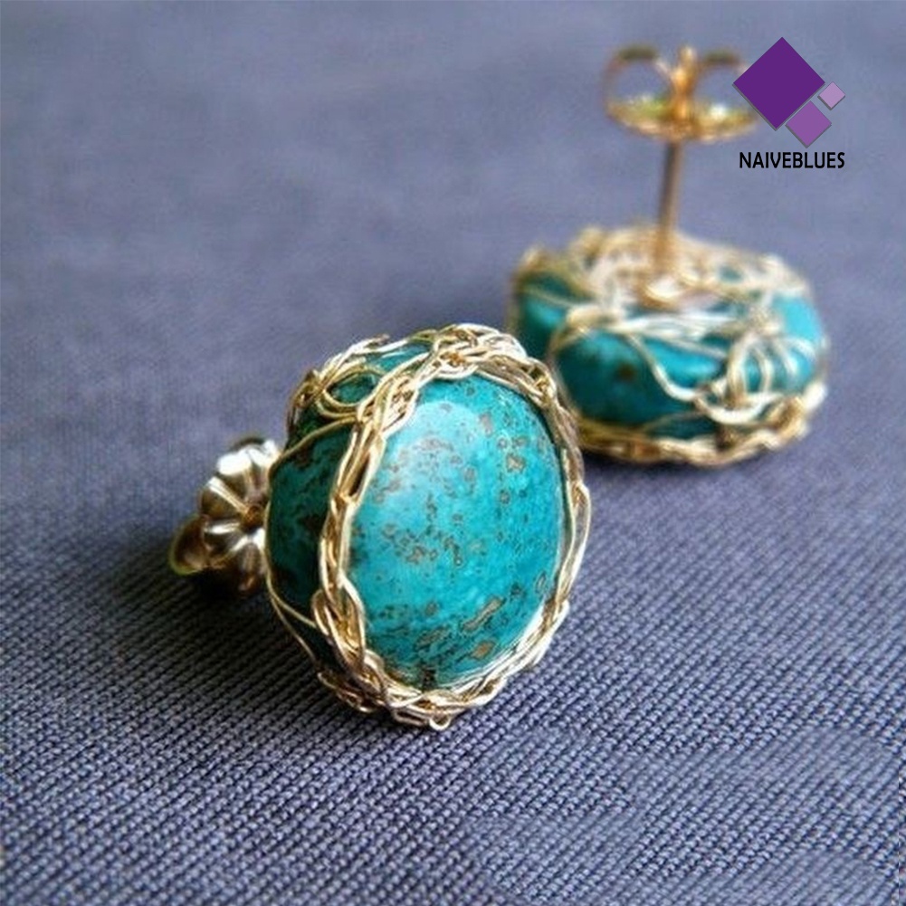 Anting Stud Bentuk Bulat Turquoise Imitasi Gaya Vintage Untuk Wanita