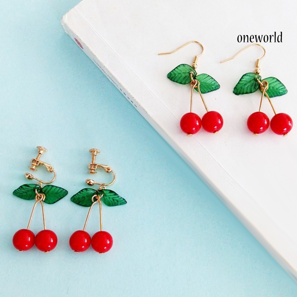 OW@ Sweet Fruit Green Leaf Red Cherry Dangle Women Ear Hook Clip Earrings Jewelry