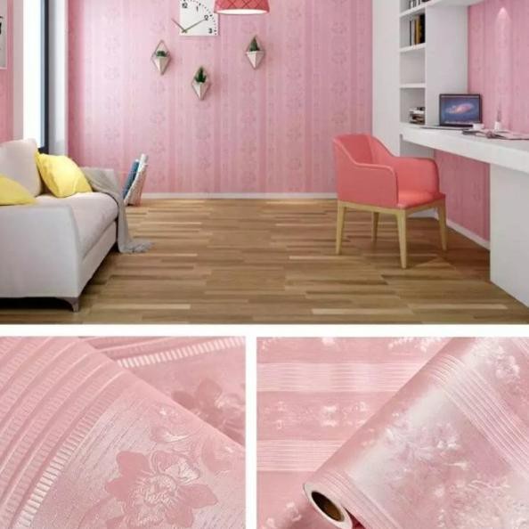 Wallpaper Dinding Stiker Motif Bunga Embos Pink Ukuran 45 cm x 10 m