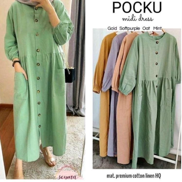 (BIG SALE) Midi Dress Katun Linen Rami Premium / Pocku Midi Dress Katun Linen Rami Premium