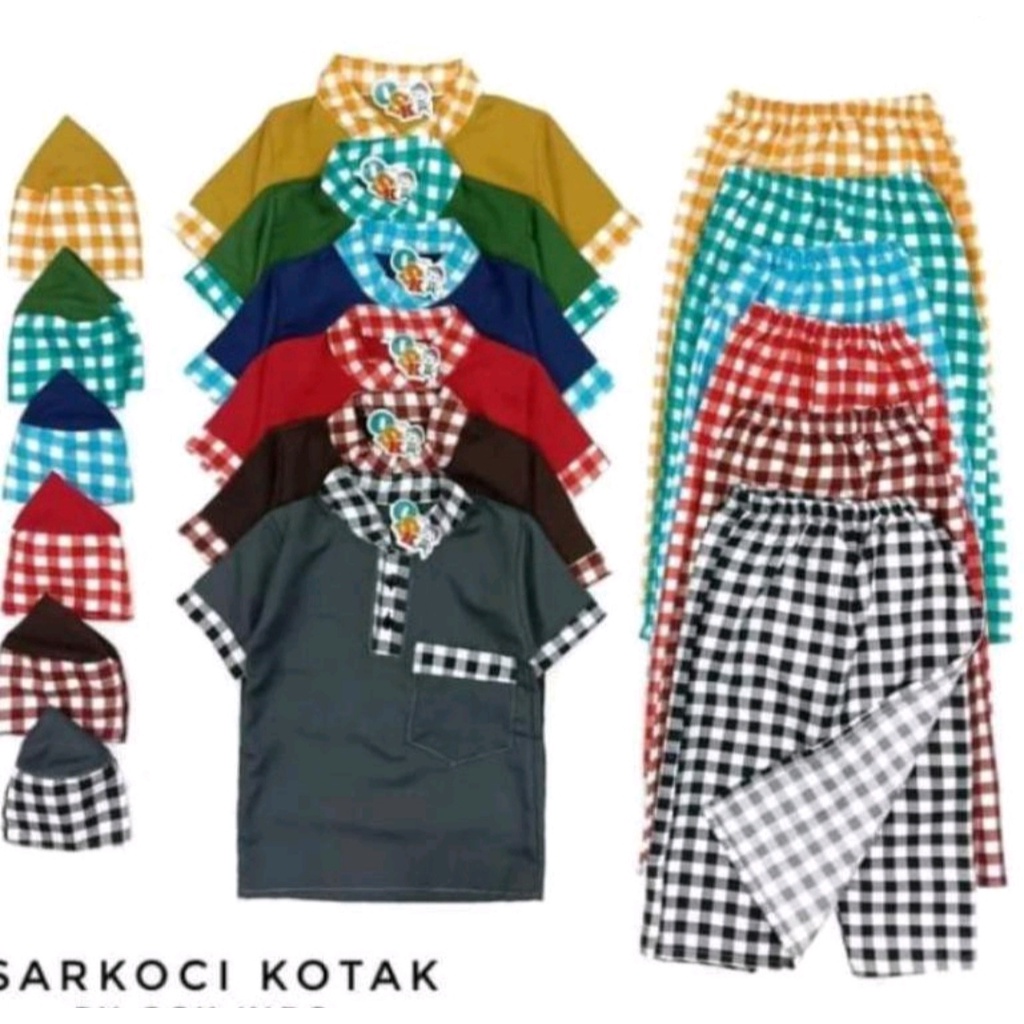 SETELAN BAJU MUSLIM ANAK SARKOCI (SARUNG+KOKO+PECI) UNTUK ANAK 1-9 TAHUN PILIHAN WARNA MERAH, PUTIH,