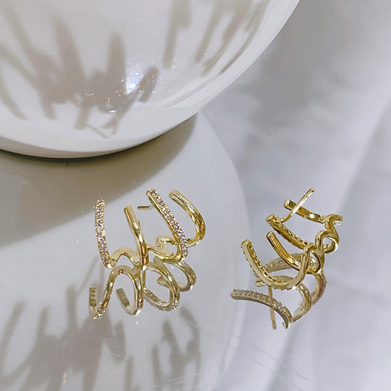 Anting Klip Bentuk Geometris Bahan Logam Aksen Berlian Untuk Wanita