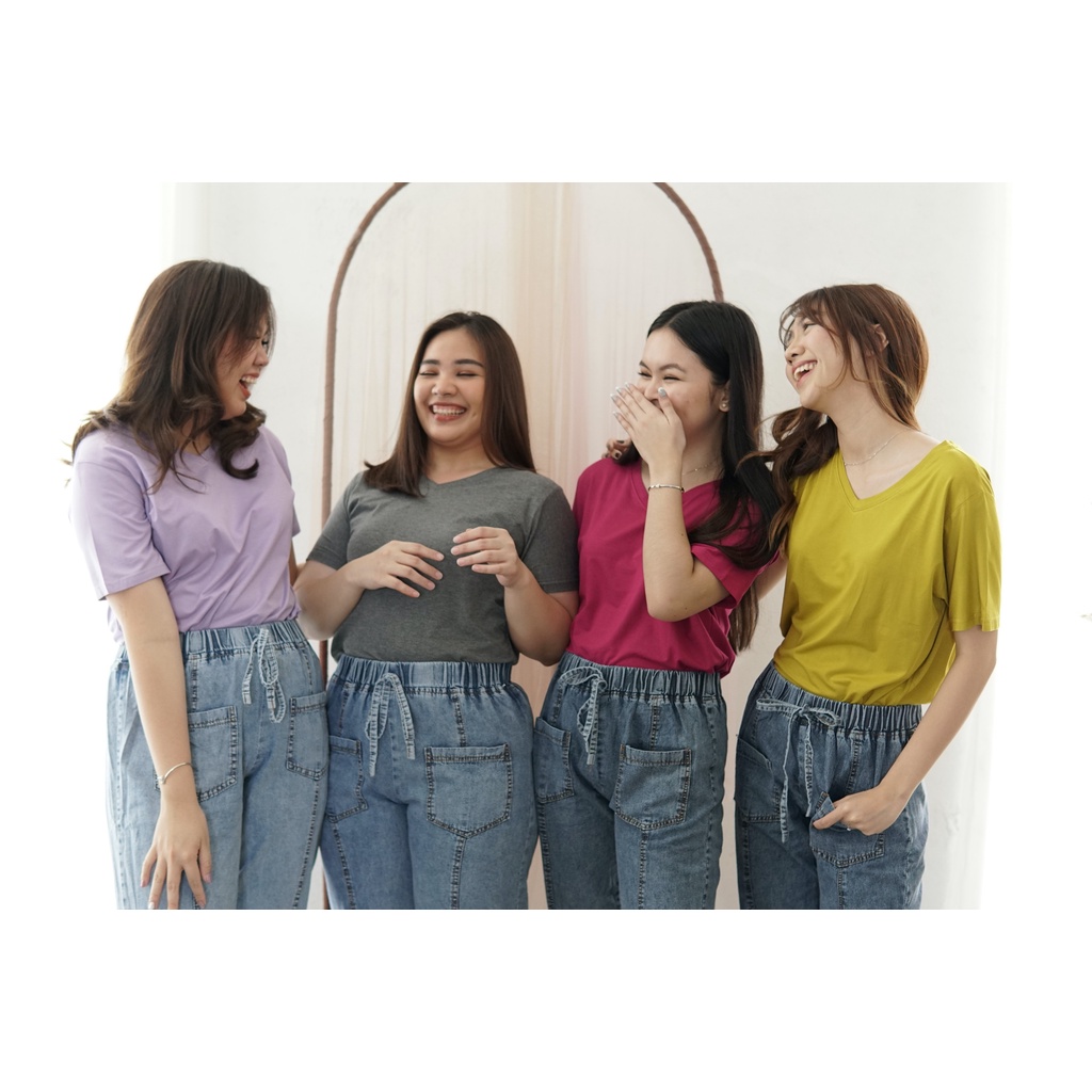 (COD) GBMJ Butik Kaos Wanita V Neck Lengan Pendek Terlaris Basic Katun Oversize Import Alsava V Allsize Standar Jumbo S-XXL