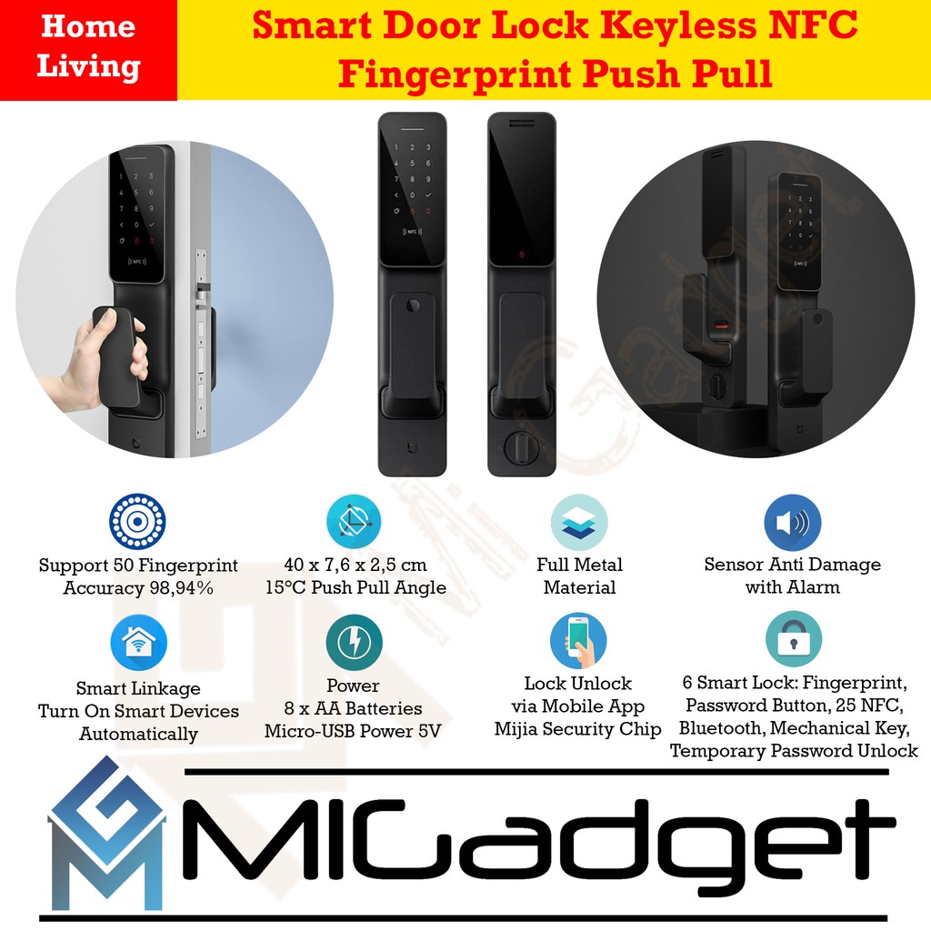Smart Door Lock Push Pull Keyless Fingerprint NFC Kunci Pintu Rumah