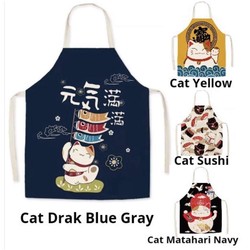 Apron celemek printing kanvas motif neko jepang