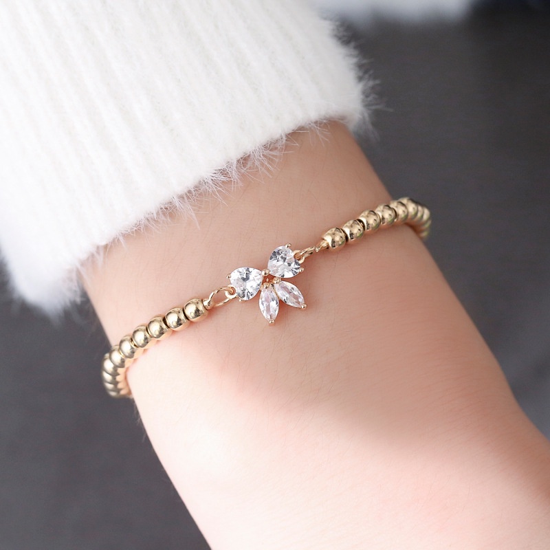 Gelang Tangan Rantai Adjustable Gaya Korea Motif Pita Aksen Zircon + Manik-Manik Untuk Perhiasan Wanita