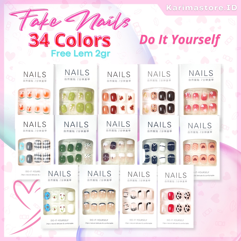 [Original] Fake Nails Kuku Palsu 24 Pcs Nail Art 3D Tahan Air Dengan Lem Tambahan 2 gram/Kupal/Fake Nails/Kuku Palsu