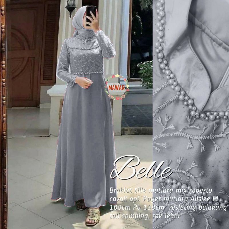 Belle Gamis Modern brukat Kondangan Pesta Wanita Premium Ld 110 Gamis Pernikahan Seragam Tiara Maxy Kebaya Murah-Grey