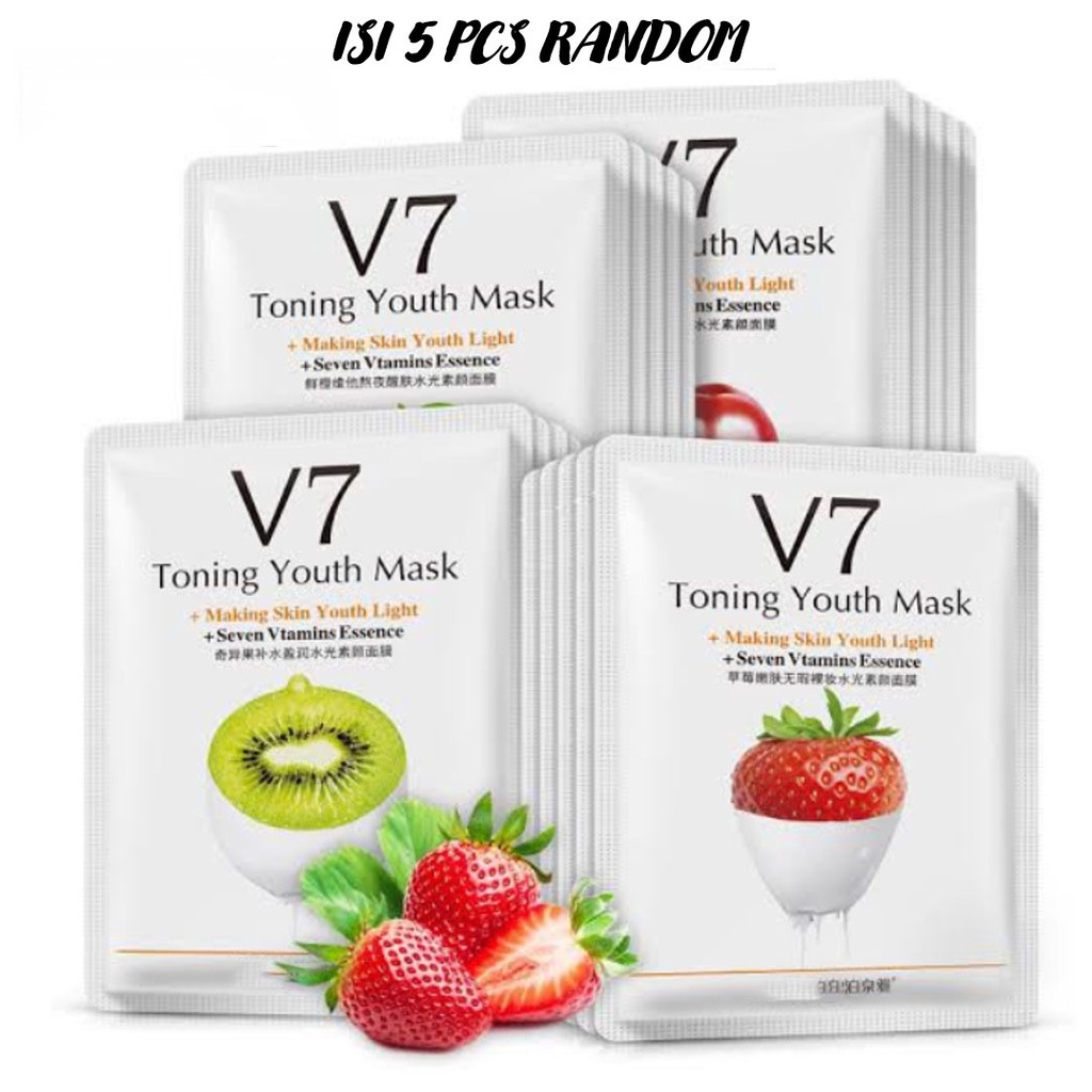 5 Pcs CAMPUR – Masker Wajah V7 Sheet Mask ORIGINAL / Masker Muka V7 Facial Sheet Mask Masker Wajah Organik Pemutih dan Glowing Masker Organik Anti Komedo Jerawat Flek Hitam / Masker Wajah Korea Masker Wajah Murah Masker Komedo Pria Wanita