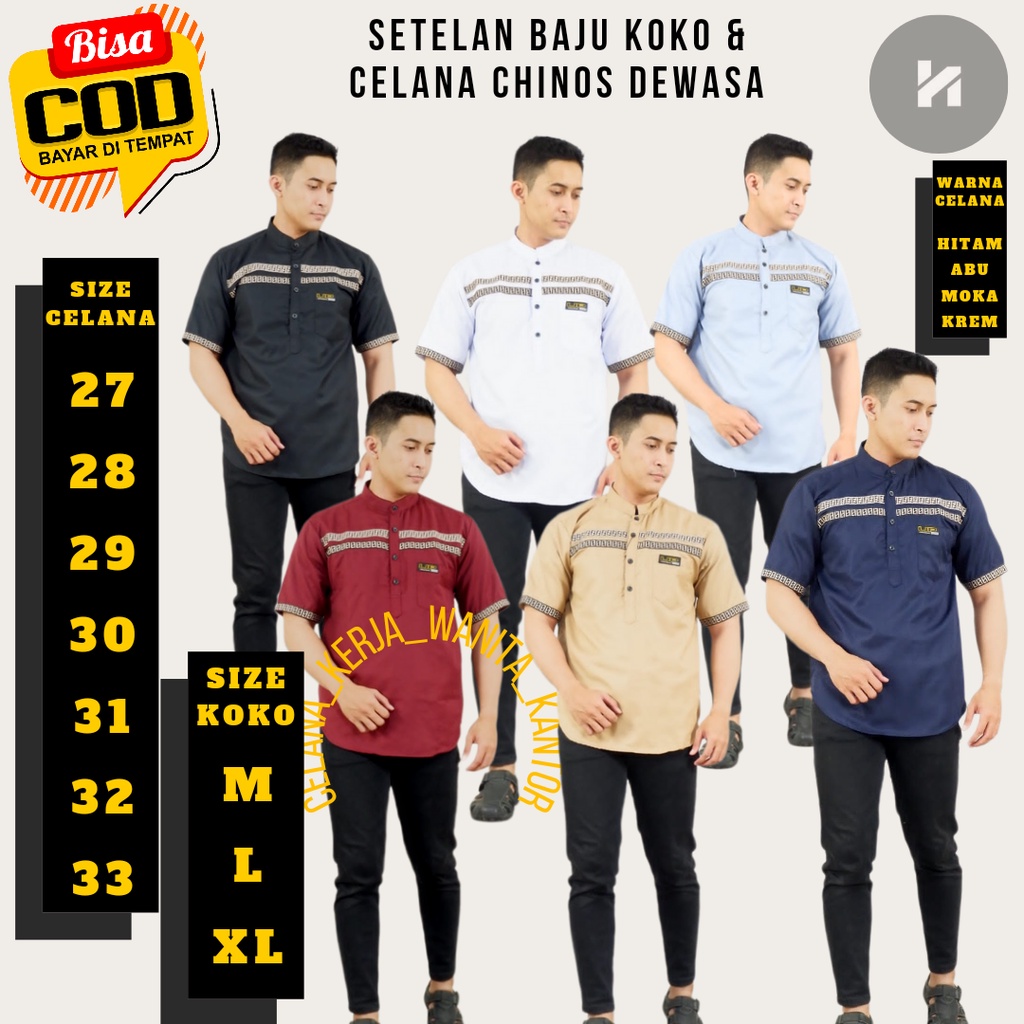 Setelan Baju Koko Kurta FF Dan Celana Chino Chinos Cinos Panjang Slimfit Standar Pria Jumbo Cowo Dew