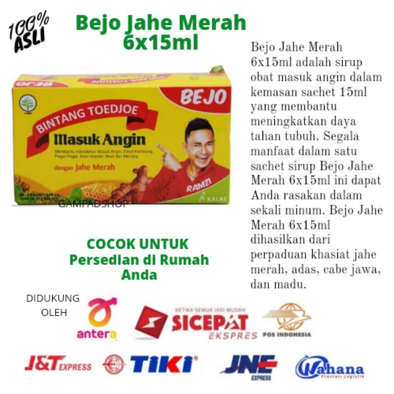 Bejo Jahe Merah 6x15ml adalah sirup obat masuk angin dalam kemasan sachet 15ml 