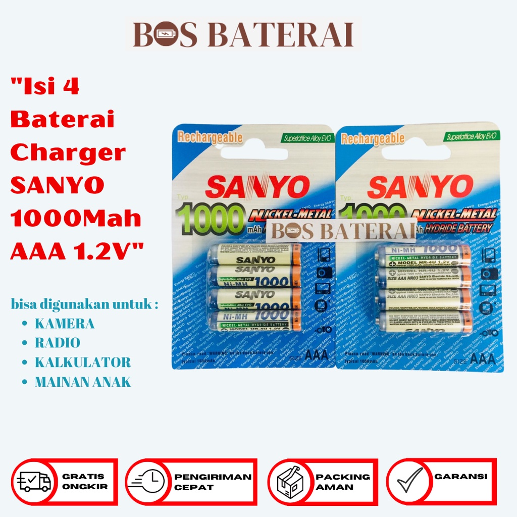 Isi 4 Baterai Charger SANYO 1000Mah AAA 1.2V - Batre Cas A3 Sanyo 1000