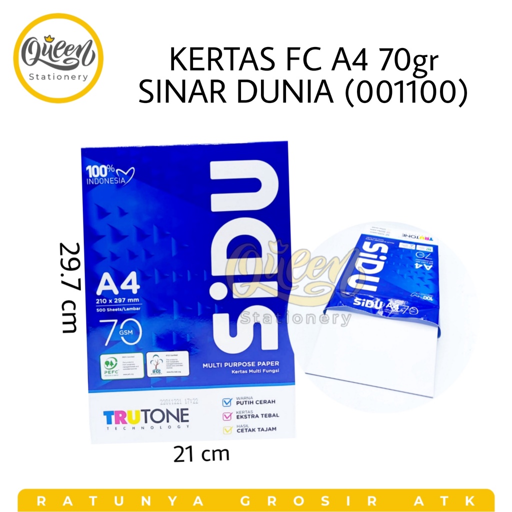 

1 RIM (500 LEMBAR) KERTAS FC A4 70GR SINAR DUNIA / KERTAS HVS / KERTAS FOTOCOPY / KERTAS PRINT (001100)