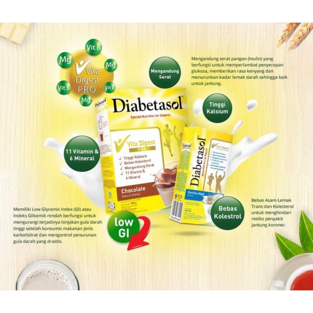 Diabetasol Vita Digest 180gr susu utk penderita diabetes, tinggi nutrisi rendah gula vanila | coklat