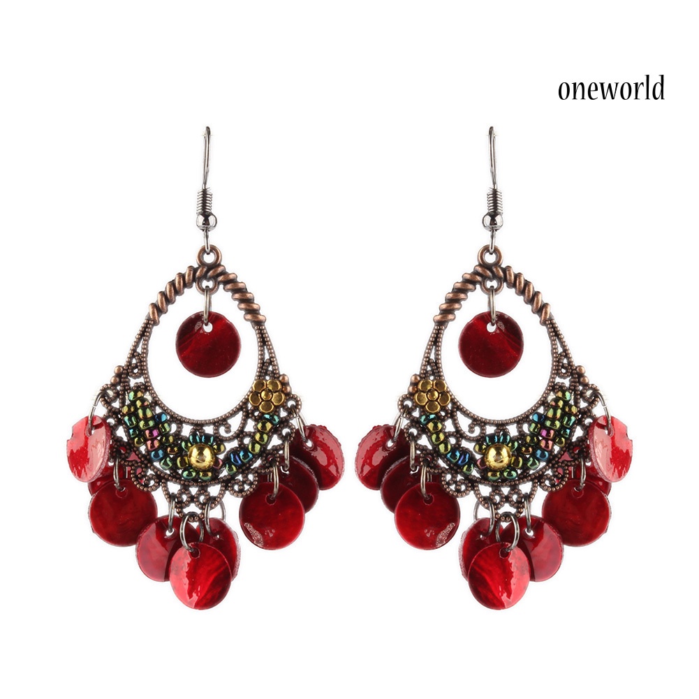 OW# Bohemian Women Disc Charms Hollow Dangle Hook Chandelier Earrings Jewelry Gift