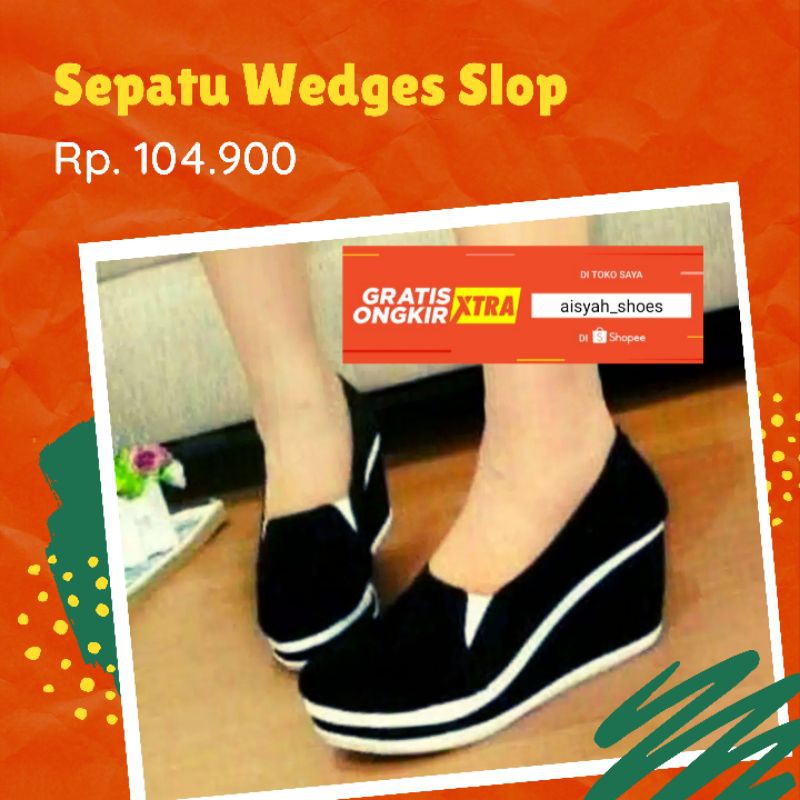 SEPATU WEDGES SLOP LJ01 Hitam - Hitam, SEPATU WANITA, SEPATU HAK TINGGI