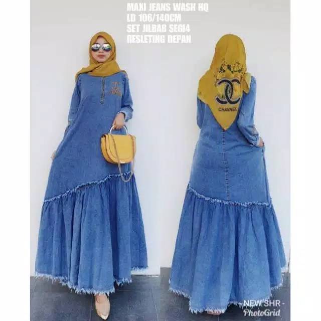 100% ORI SHR Dress maxi jeans wash denim HQ set jilbab motif chanel IMPORT syahira