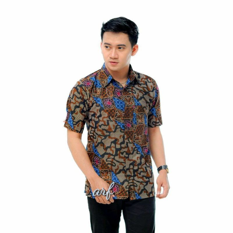 BSWART Batik HRB026 kenongo Hem Pendek anjani biru Pekalongan M L XL Batik Pria MURAH Modern Grosir