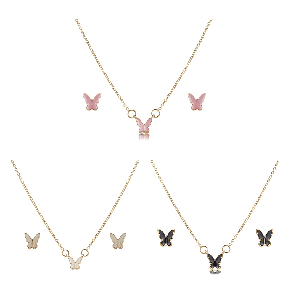 Set Anting Dan Kalung Rantai Choker Liontin Butterfly Warna-Warni Untuk Wanita