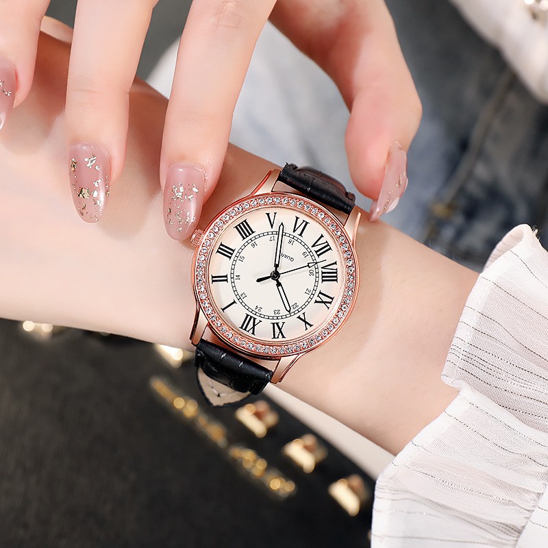 Jam Tangan Wanita Romawi Analog Quartz Simple Dengan Strap PU Leather Import