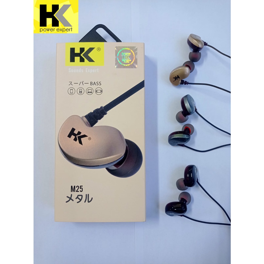 Headset HK M-25 Original 100% Handsfree Stereo Headset Gamming Bass Jack 3.5mm + Mic Earbuds kabel