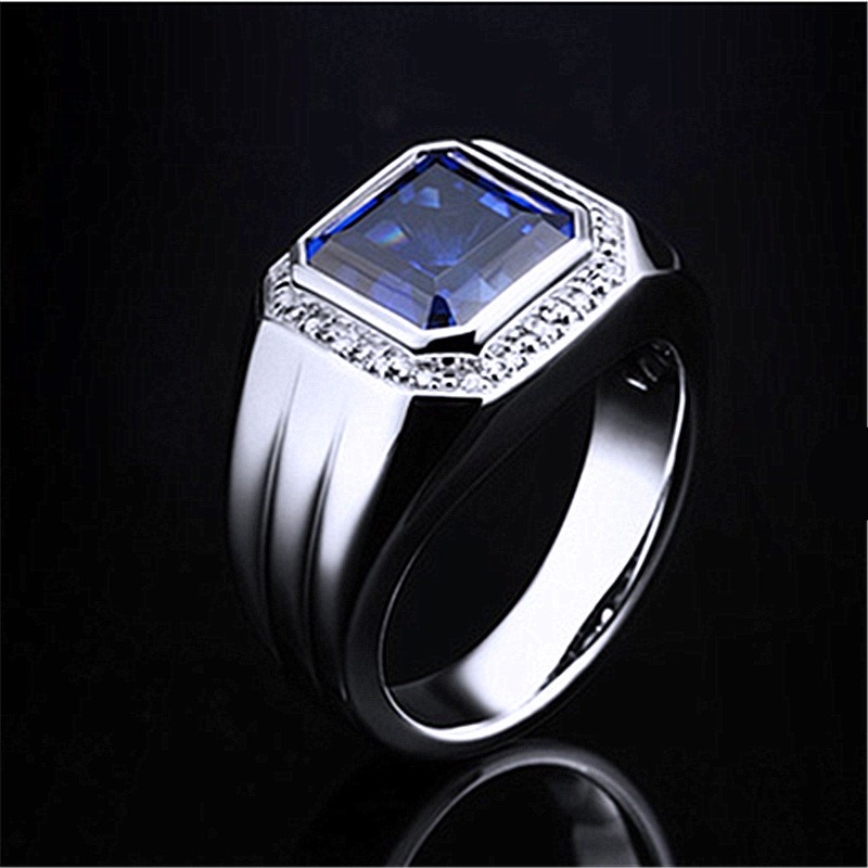 Cincin Pria Perak Royal Blue Safir Cubic Zirconia Safir Biru Elegan Minimalis Kantoran