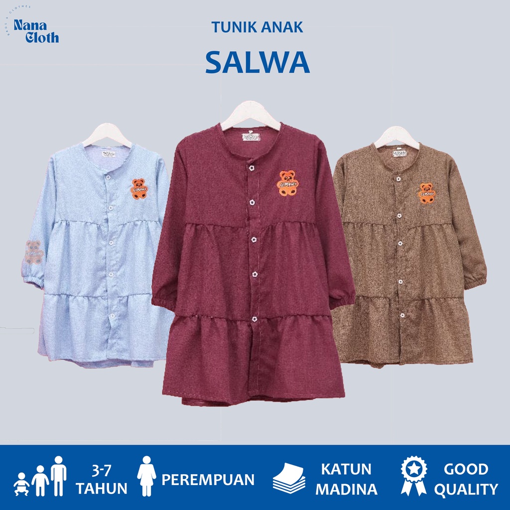 Tunik Anak Perempuan Umur 3-7 Tahun Long Tunik Salwa Lengan Panjang Katun Madinah Fodu Tunik Anak Pr