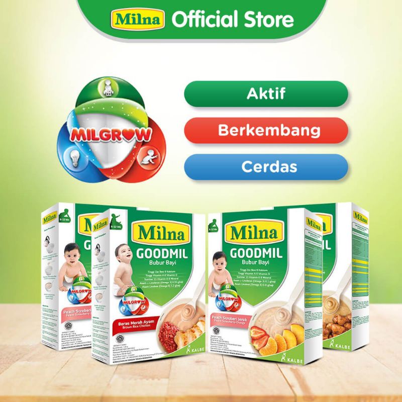 Milna Bubur Bayi Goodmil 120 gr 6+ Bulan 8+ | 120gr Rasa Wortel Labu Peach Strawberry Jeruk Beras Merah Pisang Semur Ayam