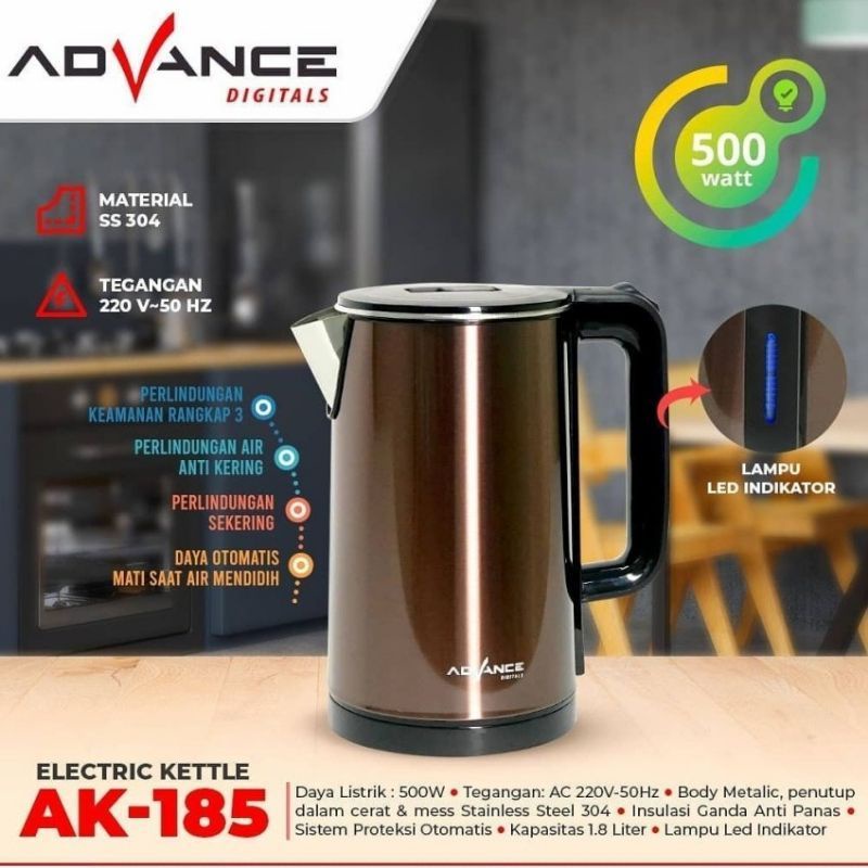 Electric Kettle / Teko Listrik Advance AK-185 Stainless Steel 1.8L