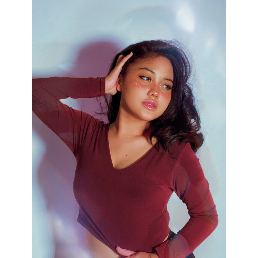 [LC] Pluffyschoice Venice CROP Top V-neck Atasan Wanita Lengan Panjang Bahan Jersey S-XXL Bigsize-5