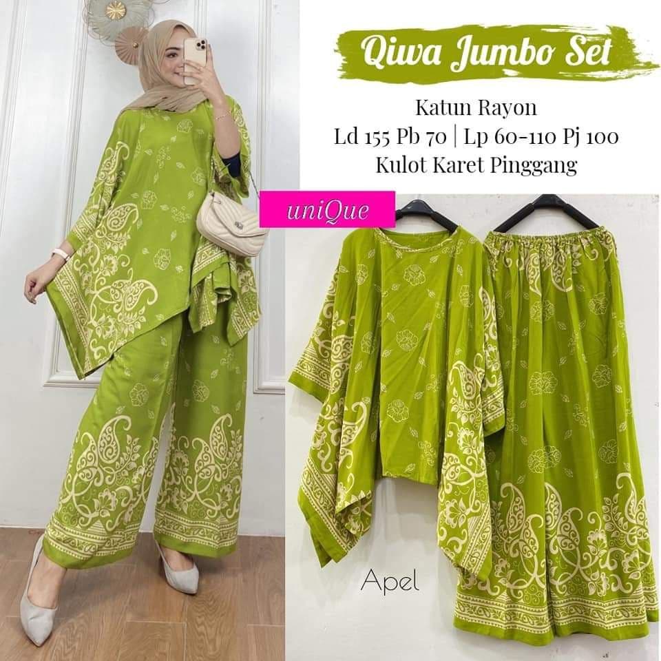 Qiwa Jumbo Set - One Set Jumbo Wanita Rayon Premium Setelan Celana Kulot Jumbo Batik Kekinian