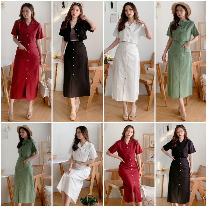 ❣️ SPECIAL PRICE ♡ PREMIUM ♡ ORIGINAL ! DANNISA 2 IN 1 BUTTON SET COLLAR CROP SHIRT WITH MIDI SKIRT / SETELAN KEMEJA PENDEK &amp; ROK ( BUSUI FRIENDLY )