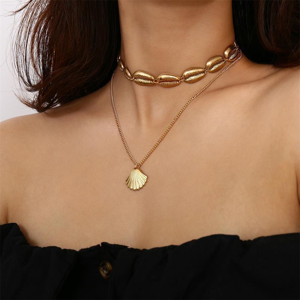 Solighter Multilayer Shell Kalung Wanita Rantai Choker Emas Perak Perhiasan Pantai