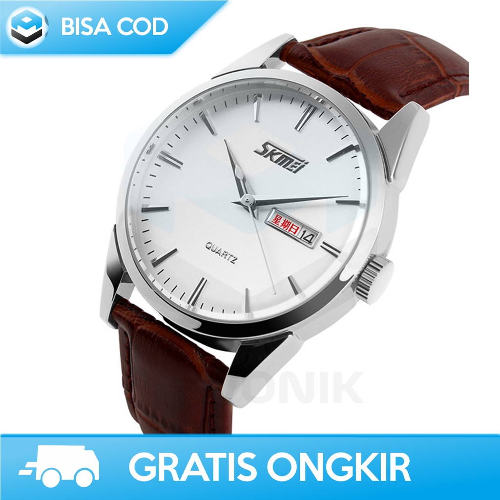 JAM TANGAN COWOK DEWASA KULIT ANALOG QUARTZ SKMEI 9073CL ORI TAHAN AIR