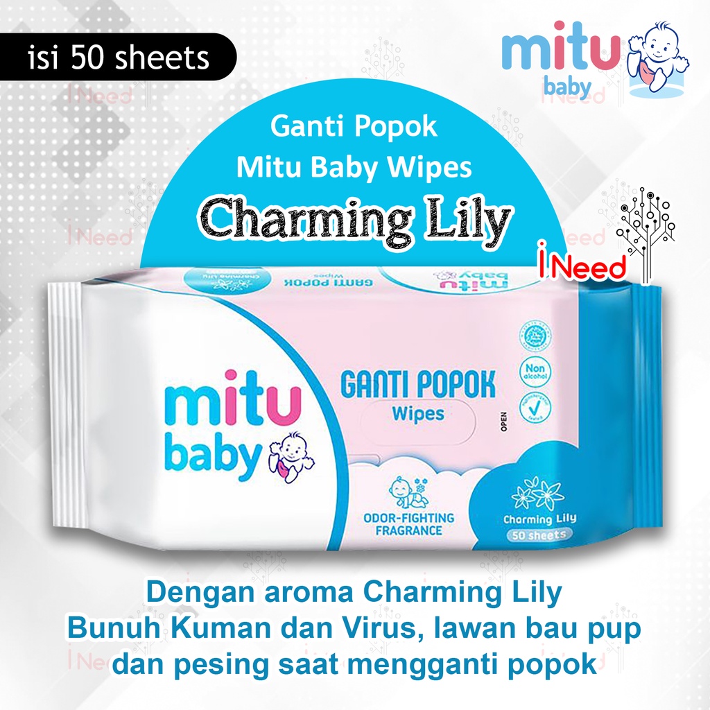 (INEED) (1pc ) Mitu Baby Wipes Tiap Pack Isi 50 Sheets Aroma Sweet Rose