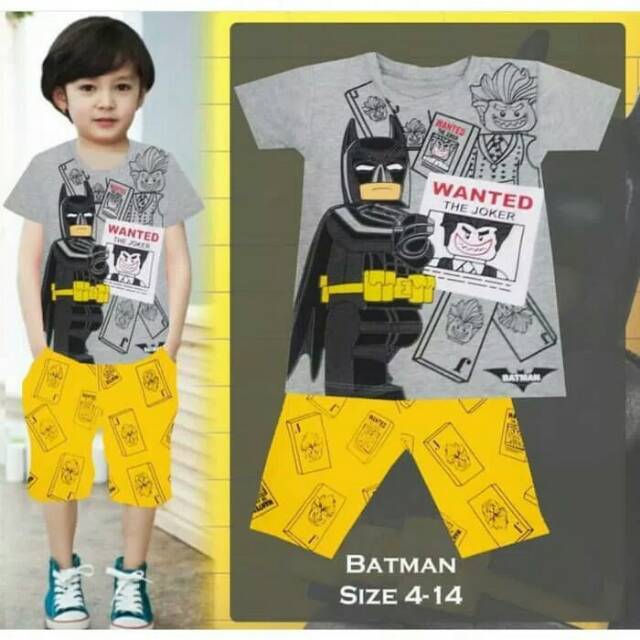 Baju Setelan Anak Laki London Kids LK Kaos Abu Batman Joker Celana Kuning