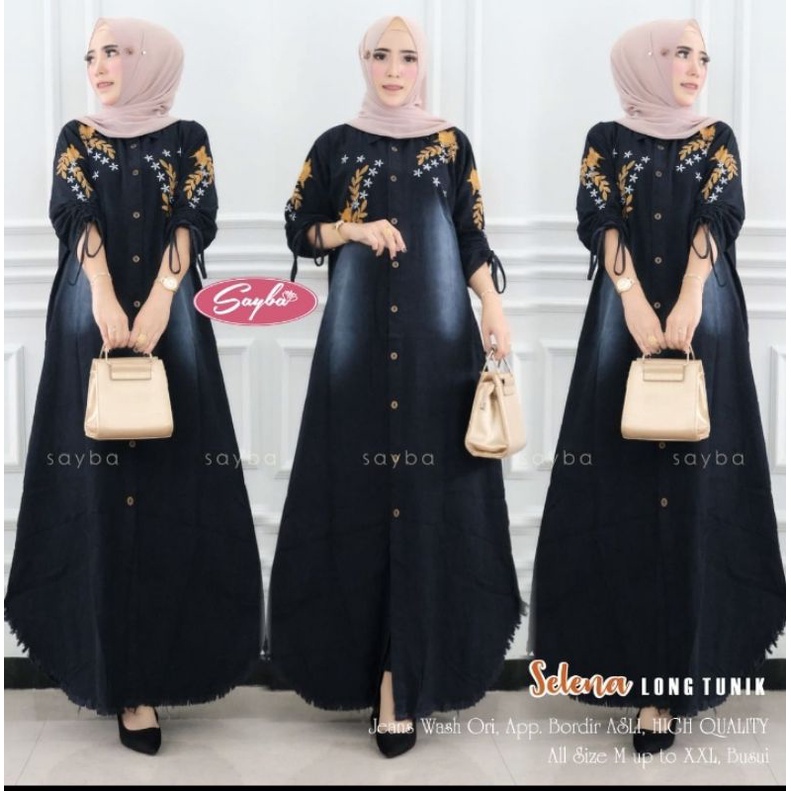 Selena Long Tunik | Jeans Wash ORI App Bordir HQ | all size M-XXL busui