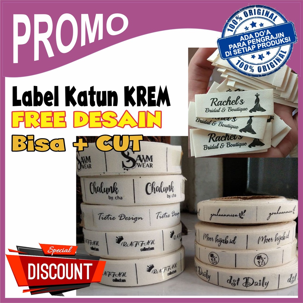 

PROMO !!! LABEL KATUN KREM SABLON Pengganti Woven Damask SABLON FREE DESAIN