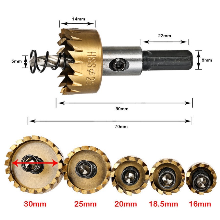 Mata Bor Hole Saw Set 5 pcs HSS Titanium Pelubang Besi Kayu 16-30mm Teson Homeliving